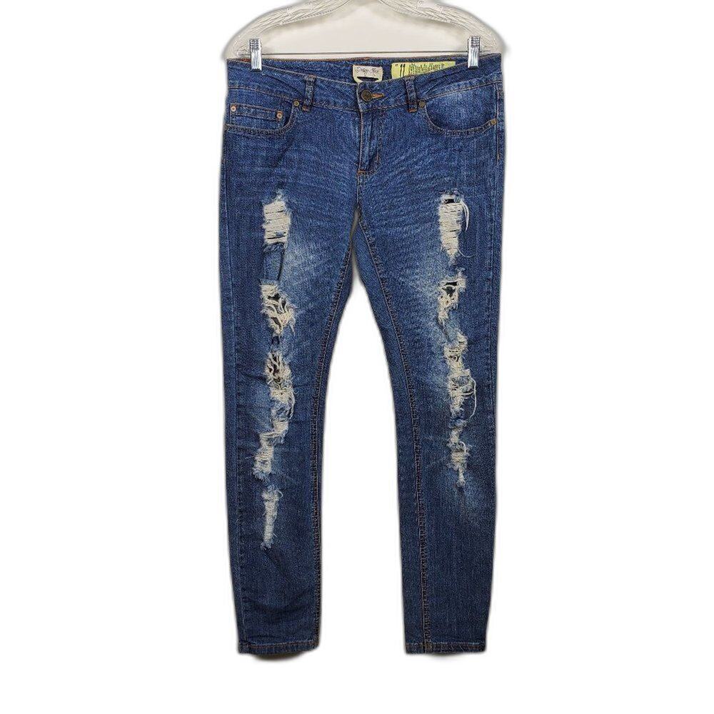 Indigo Rein Distressed Skinny Jeans Blue Stretch Denim Juniors Size 11